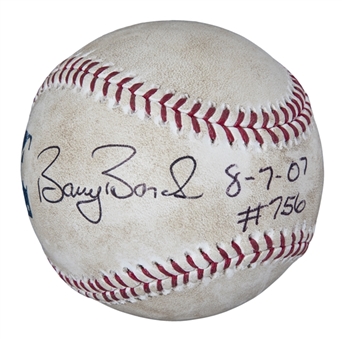 2007 Barry Bonds Game Used, Signed & Inscribed OML Selig Baseball Used on 8/7/2007 During Career Home Run #756 Game - Passing Hank Aaron (Bonds LOA & MLB Authenticated)